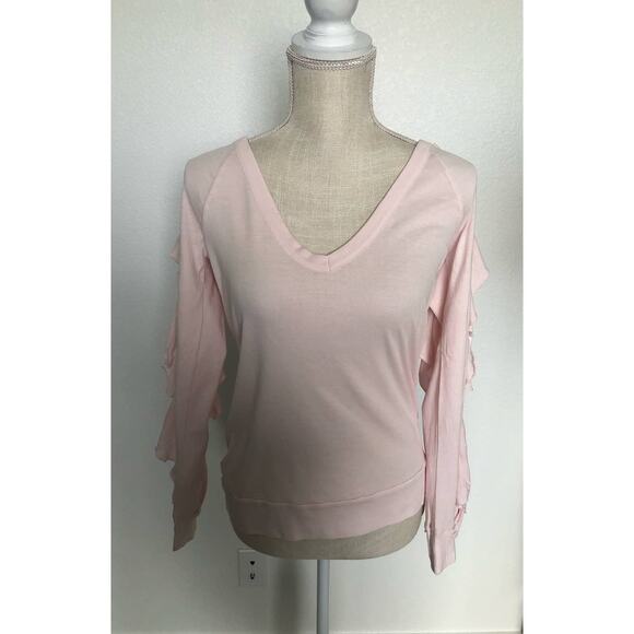 Chaser Lightest Pink V Neck Long Ruffle Sleeve Shirt - M - Picture 1 of 7